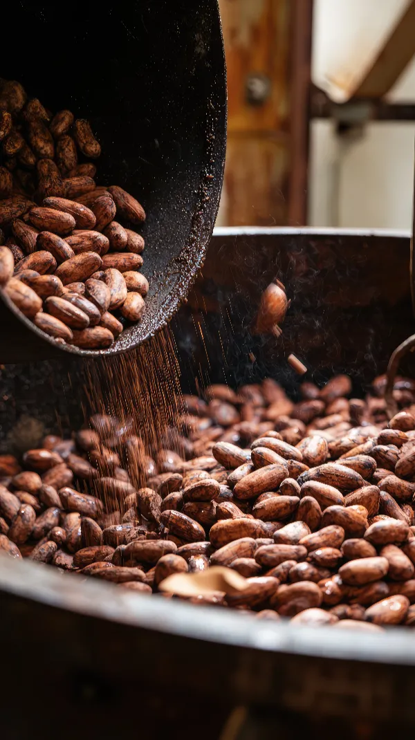 Cocoa beans being processed under quality control